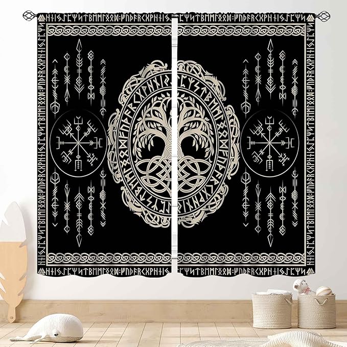 Viking Curtains, Nordic Tree of Life Celtic Rune Scandinavian Gothic Norse Mythology Aesthetic Retro Drapery for Bedroom Living Room Bathroom Window 2 Panel Set, 63"x63" Inch