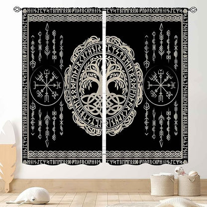 Viking Curtains, Nordic Tree of Life Celtic Rune Scandinavian Gothic Norse Mythology Aesthetic Retro Drapery for Bedroom Living Room Bathroom Window 2 Panel Set, 84"x63" Inch