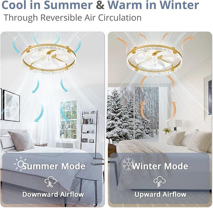 LEDIARY 2 Pack 24 Inch Modern Ceiling Fans with Lights and Remote, Dimmable Flush Mount Ceiling Fan, Gold Low Profile Ceiling Fan with 3 CCT and 6 Speeds