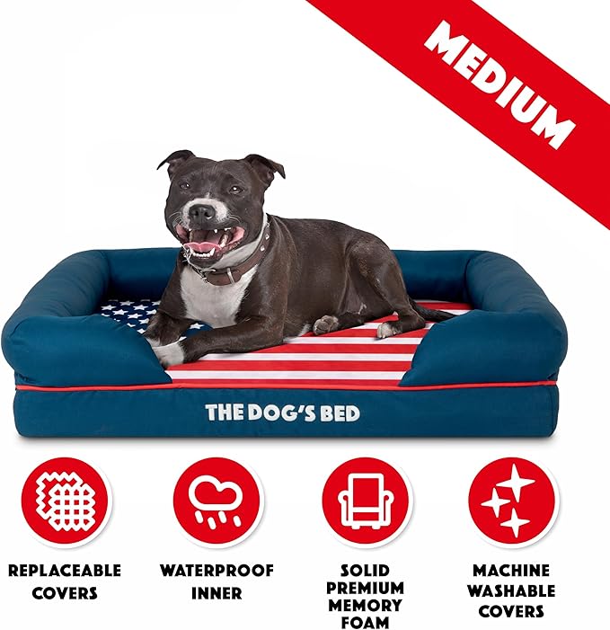 The Dog’s Bed, Medium Blue Oxford with Red Trim USA Flag Dog Bed with Central Flag 30x23.5, Memory Foam, Pain Relief, Post Surgery, Waterproof Washable Cover Cover, Veterinary Approved-Mewly Pet