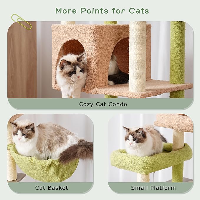 Cat Tree with Tunnel, Cat Tower for Indoor Cats, Tall Cactus Cat Tree Tower with Cat Condo, Food Station, Large Platform, Scratching Posts, Hammock, Green and Yellow GCT021GY-Mewly Pet