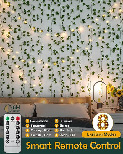 JACKYLED 84Ft 12 Pcs Artificial Ivy Garland Fake Vines with 65ft 200 LED String Lights and Remote Control Faux Hanging Leaves