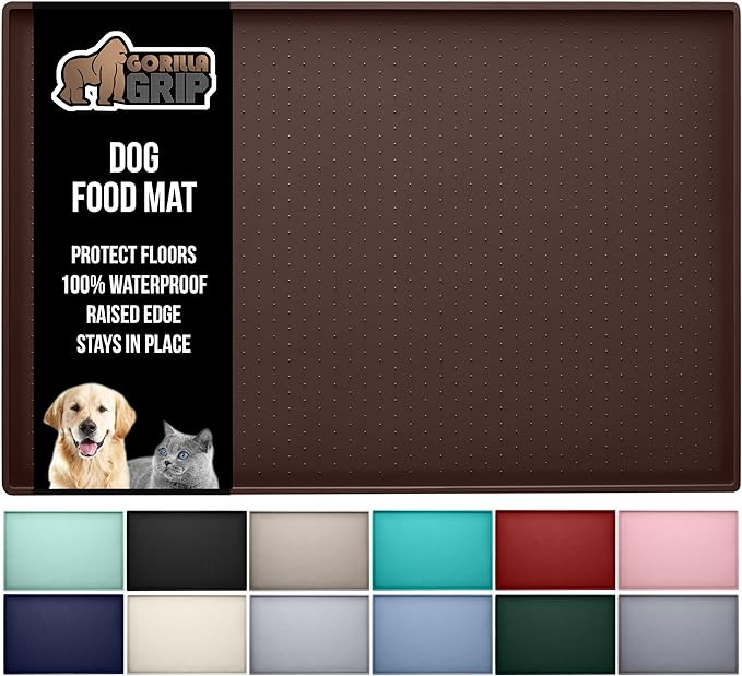 GORILLA GRIP 100% Waterproof Raised Edge BPA Free Silicone Pet Feeding Mat, Dog Cat Food Mats Contain Spills Protects Floors, Placemats for Cats and Dogs Water Bowl, Pets Accessories 16x10, Brown-Mewly Pet