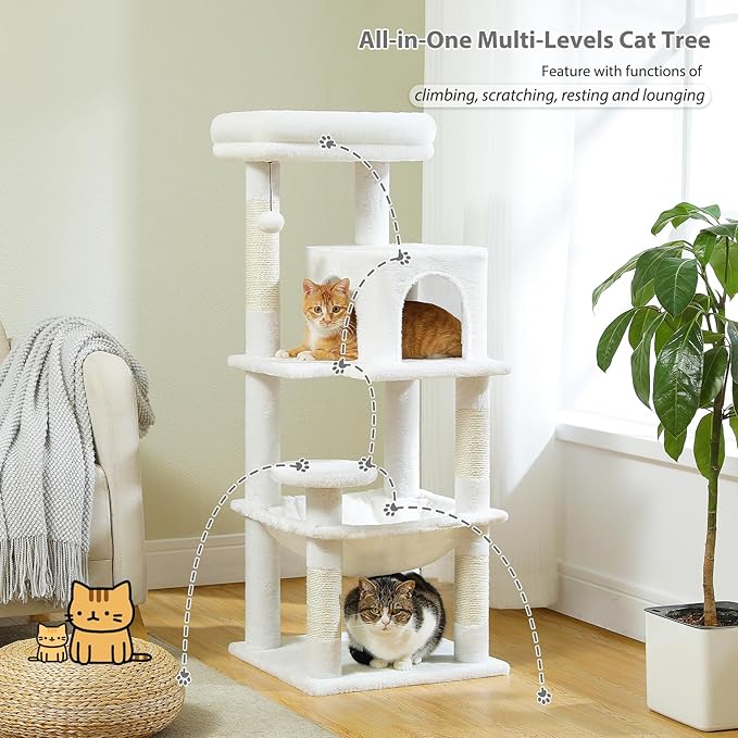 PETEPELA 45.7" Cat Tree for Large Cats, 5-Level Cat Tower for Indoor Cats with Large Hammock (17.3"x15.3"), Cat Condo with (18.5"x13") Big Top Perch & 4 Sisal Covered Scratching Post, White-Mewly Pet