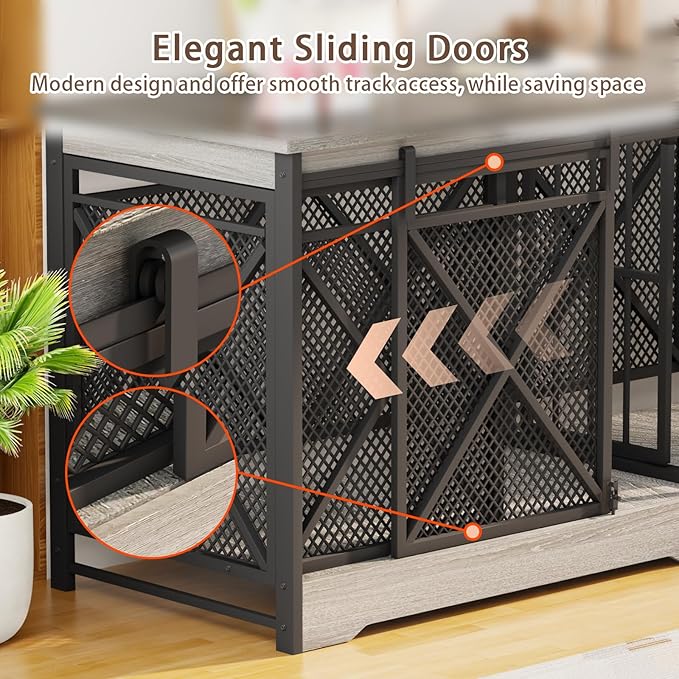 COZPAW 78 Inch Double Dog Crate Furniture, Extra Large Dog Kennel Indoor for Medium Large 2 Dogs, Heavy Duty Dog Cage Chew-Resistant Steel and Wooden Pet House with Removable Divider (Grey)-Mewly Pet