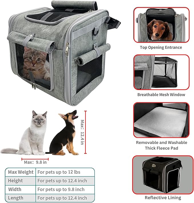 Dog Bike Basket, Expandable Soft-Sided Reflective Pet Carrier Backpack with 4 Open Doors, 4 Mesh Windows for Medium Small Dog Cat Puppies (Grey)-Mewly Pet