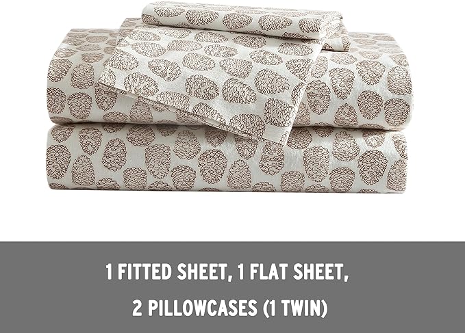 Eddie Bauer - Twin Sheets, Cotton Flannel Bedding Set, Brushed For Extra Softness, Cozy Home Decor (Little Creek Pine Cone Beige, Twin)