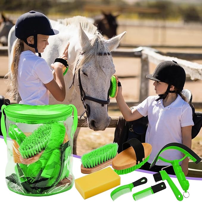 9 Pieces Horse Grooming Kit Tack Room Supplies Set with Organizer Tote Bag, Oval Massage Curry, Hard and Soft Brush, Hoof Pick, Sweat Scraper, Bathing Sponge, Combs for Horse Riders Beginners (Green)-Mewly Pet