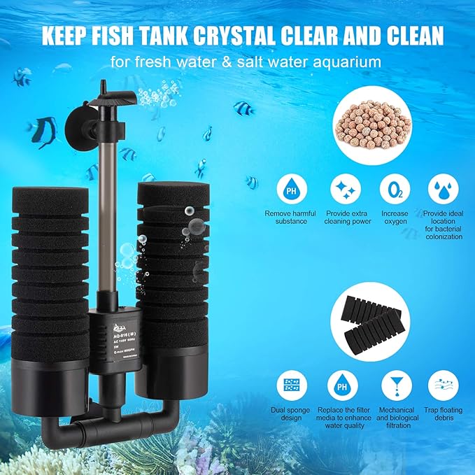 AQQA Aquarium Sponge Water Filter, Power Driven Double Biochemical Filter, Quiet Submersible Foam Filter with 2 Extra Sponges, 1 Bag of Filtered Ceramic Balls for Fresh and Salt Water Fish Tank (L)-Mewly Pet
