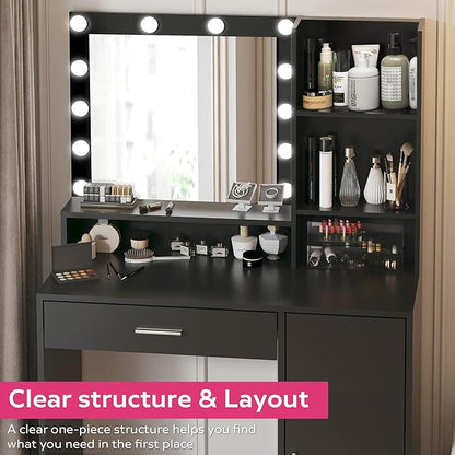 Vanity Desk with Mirror & Light, Large Drawer & Three Level Storage Dresser, 3 Lighting Modes Adjustable Brightness, Bedroom Dressing Table (Black)