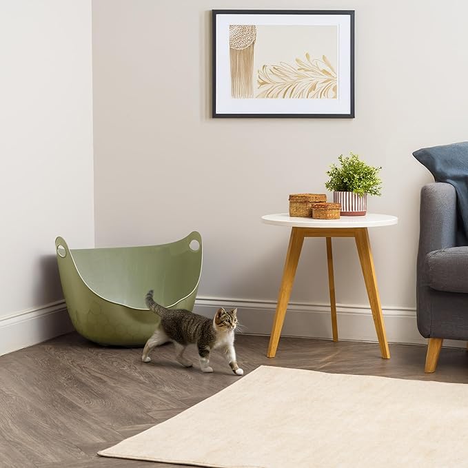 IRIS USA Cat Litter Box with High Walls and Handles, Made with Flexible Plastic, Sage Green-Mewly Pet