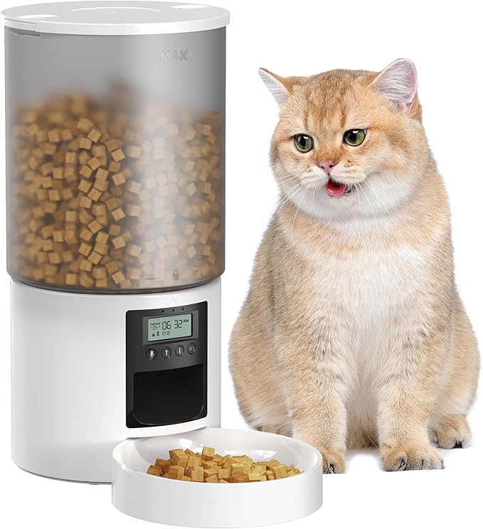 Automatic Cat Feeder Food Dispenser: 6L Timed Small Dog Dry Food Dispenser with 10s Voice - Distributeur Nourriture Chat Hund Programmable - Auto Pet Feeder with 1-6 Meals White-Mewly Pet