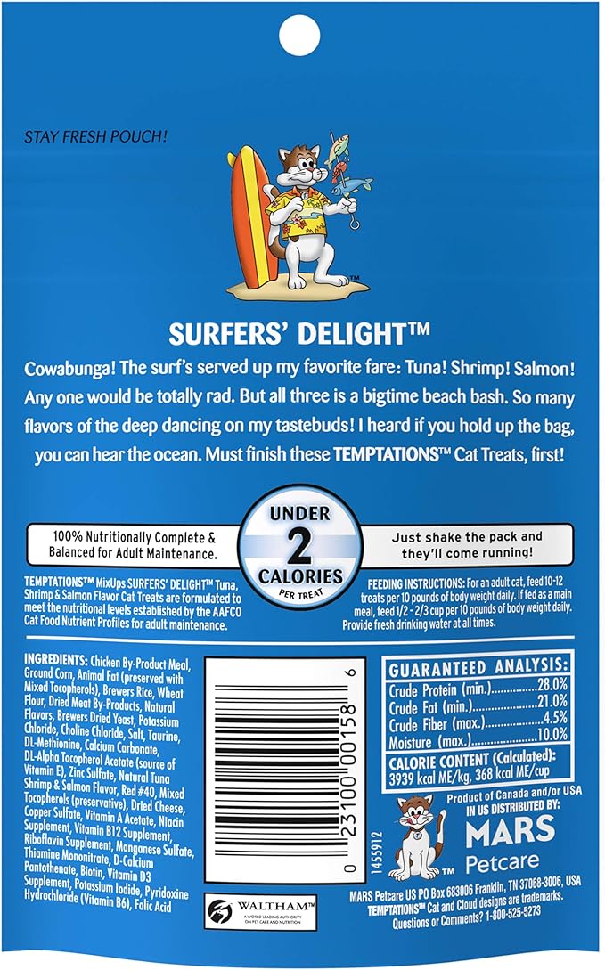Temptations MixUps Surfer's Delight Flavor Crunchy and Soft Cat Treats, 3 oz. Pouch (Pack of 12)-Mewly Pet