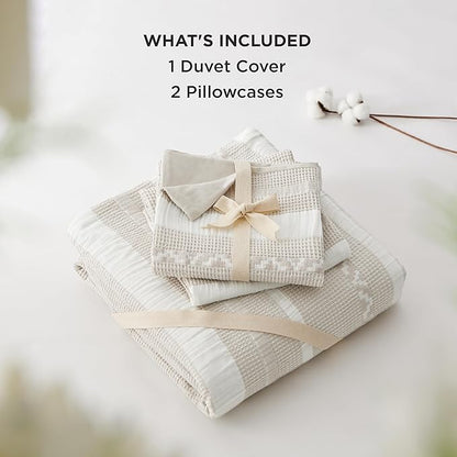 Bedsure Waffle Weave Duvet Cover King - 100% Cotton Boho Duvet Cover with 2 Pillowcases - Linen Color Textured Comforter Cover with Zipper Closure (King, 104"x90")