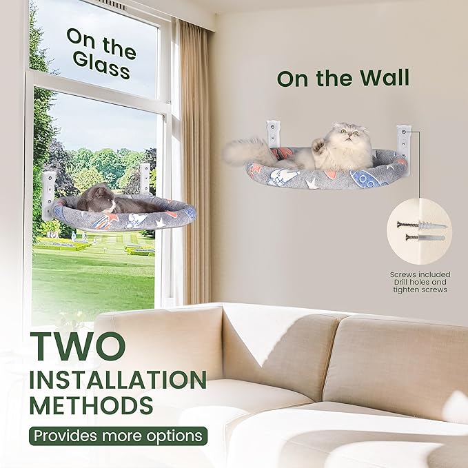 2 Pack Cat Window Perch, Glow in The Dark Foldable Cat Hammock with Cozy Pad Bed, Breathable Cordless Window Seat with Stud Metal Frame for Large Cats and Kitten (Cushion Bed, 2 Pack - L)-Mewly Pet