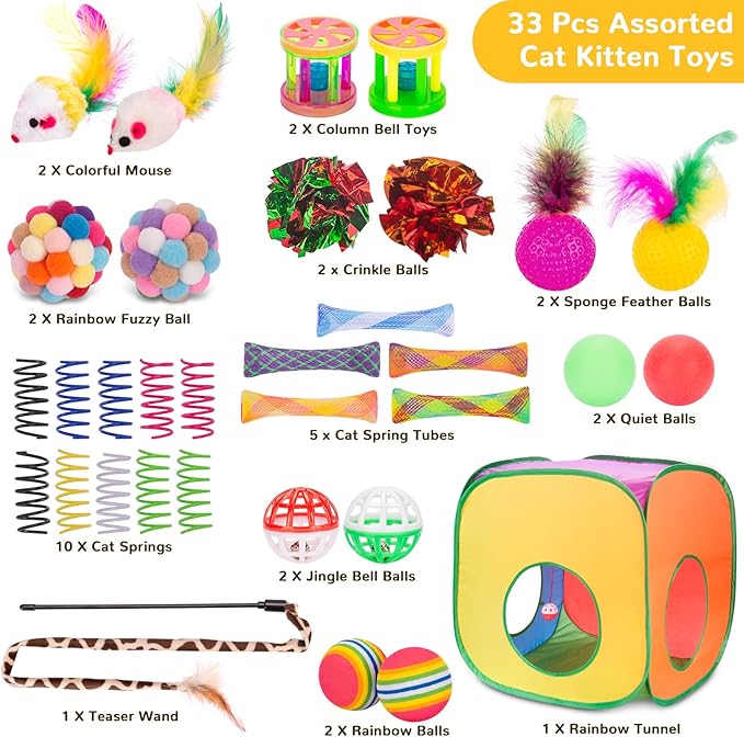 Retro Shaw 33Pcs Cat Toys for Large Cats, Interactive Kitten Toys for Indoor Cats Kitty with Collapsible Game Tunnel Tube Tent Feather Wand Teaser Bell Fuzzy Ball Springs Mouse Toys-Mewly Pet