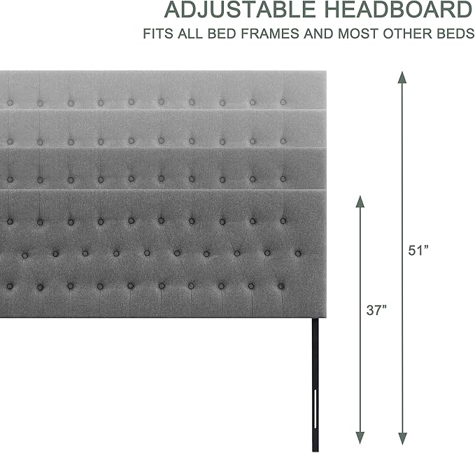 Tufted Upholstered Headboard King Size, Solid Wood Head Board with Durable Metal Legs, Adjustable Height Bed headboard from 37” to 51” Fabric Headboard in Modern Button Design, Grey