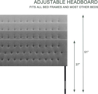 Tufted Upholstered Headboard California King Size, Solid Wood Head Board with Durable Metal Legs, Adjustable Height Bed headboard from 37” to 51” Fabric Headboard in Button Design, Grey