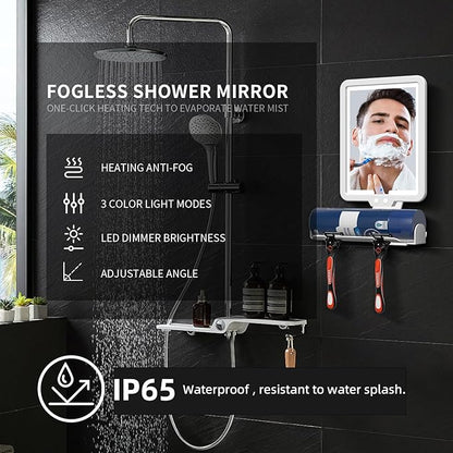 Lighted Shower Mirror Fogless for Shaving, Heated Fog Free Large 9.5*7inch 3 Color Modes Dimming Shower Shaving Mirror with Light, Rechargeable Anti-Fog Shower Mirror with Storage Tray & Razor Holders