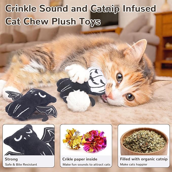 Retro Shaw 4Pcs Cat Toys, Horror Catnip Crinkly Sound Kitten Toys, Interactive Indoor Cat Chew Kitty Kicker Toy for All Breeds 3.7 Inches-Mewly Pet