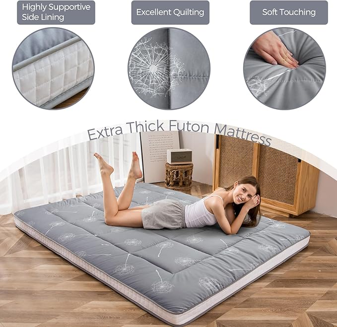 MAXYOYO Futon Mattress Japanese Floor Mattress, Extra Thick Dandelion Pattern Bed Mattress Topper, Quilted Folding Sleeping Pad Breathable Floor Lounger Guest Bed for Camping, Grey, Full