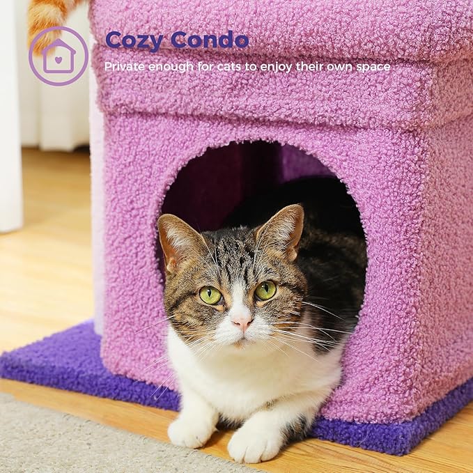 PEQULTI Cat Tree Flower Cat Tower for Indoor Cats with Private Cozy Cat Condo, Natural Sisal Scratching Posts and Plush Pom-pom for Small Cats, Purple-Mewly Pet
