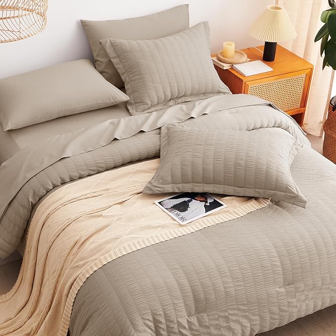 CozyLux King Size Comforter Set Khaki Seersucker 7 Pieces Bed in a Bag King Comforter Set with Sheets, Luxury Soft Bedding Set with Down Alternative Comforter, Sheets, Pillowcases & Shams All Seasons