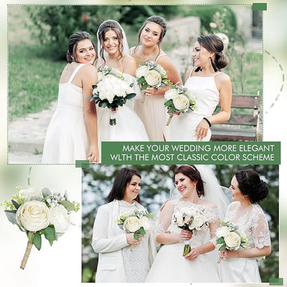 SEMONONIA Wedding Bridesmaid Bouquet Flower 1 Pack - Ivory White Artificial Flowers Bouquet Rustic Small Floral Centerpieces for Marriage Proposal Party Anniversary Dining Table Decorations -7inch
