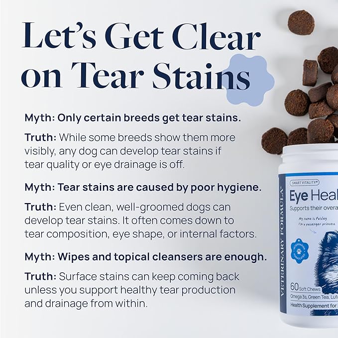 Veterinary Formula Eye Health Supplement for Dogs – Vet-Formulated Tear Stain Chews with Omega 3, Lutein & Cranberry – Smart Vitality Supports Eye Moisture, Stain Reduction & Immunity, 60 Soft Chews-Mewly Pet