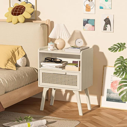 Lerliuo Rattan Nightstand, Side Table with Drawer Open Shelf, Cane Accent Bedside End Table with Solid Wood Legs, Mid Century Modern Night Stand for Bedroom, Dorm and Small Spaces (Grey White)
