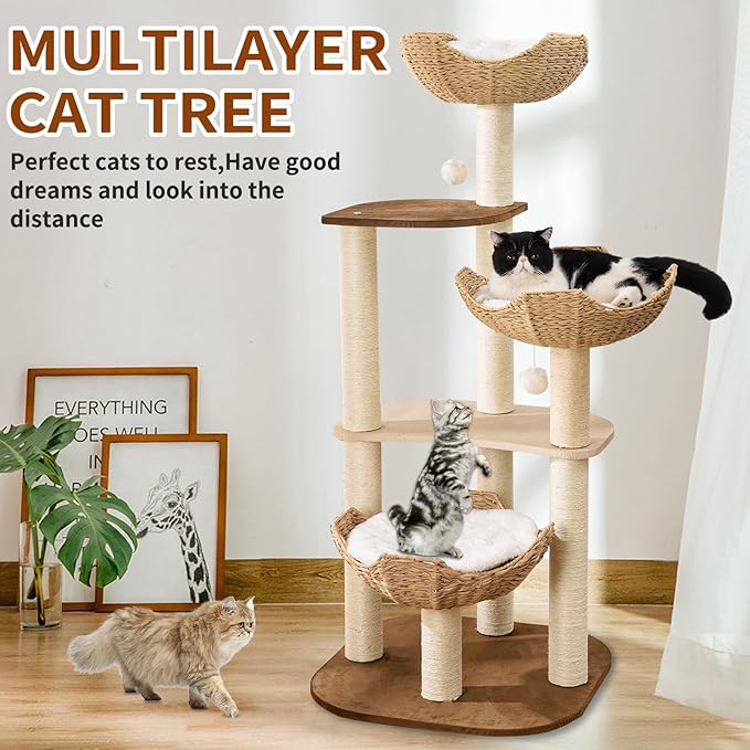 Big Modern Design Cat Tree Tower with White Cloud Mat, Unique Cat Supplies Tower with Scratching Post, Cute Wood Cat Tree Cat Furniture Activity Centre for Indoor Big Cats-Mewly Pet