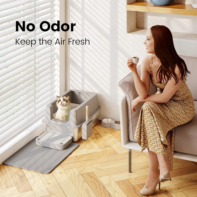 Stainless Steel Cat Litter Box - Enclosed XL Metal Kitty Litter Box with Lid for Big Cats, High Sided, Anti-Leakage, Easy Cleaning, Non-Sticky, Included Litter Mat, Cat Bowl & Spoon-Mewly Pet