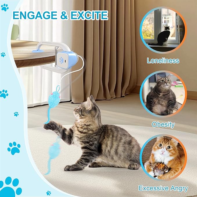 Cat Toy, Upgraded Smart Interactive Cat Toys with Remote Control, USB Rechargeable Door Hanging Retractable Kitten Toy for Self Play, Teaser Electronic Feather Cat String with 3 Plush Mice-Mewly Pet