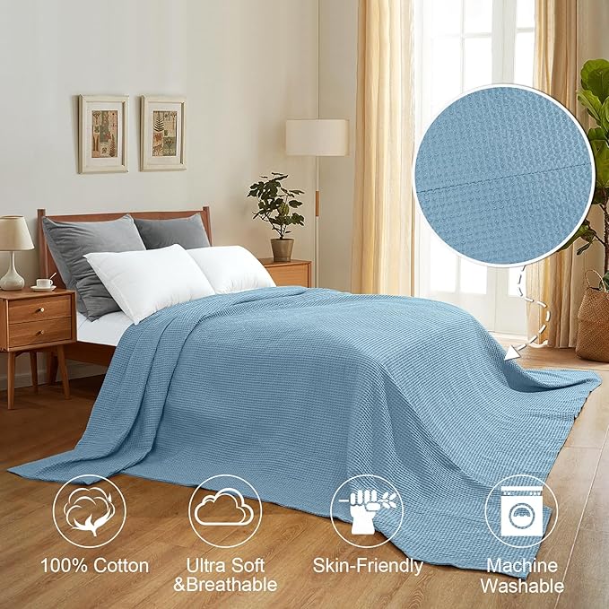 PHF Pre-Washed Cotton Waffle Weave Family Blanket,Oversized King Size 120"x 120"-Snag Proof Lightweight Breathable, 10'x 10' Huge Extra Large Big-Elegant Aesthetic Home Decoration Gift,Dusty Blue