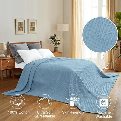PHF Pre-Washed Cotton Waffle Weave Family Blanket,Oversized King Size 120"x 120"-Snag Proof Lightweight Breathable, 10'x 10' Huge Extra Large Big-Elegant Aesthetic Home Decoration Gift,Dusty Blue