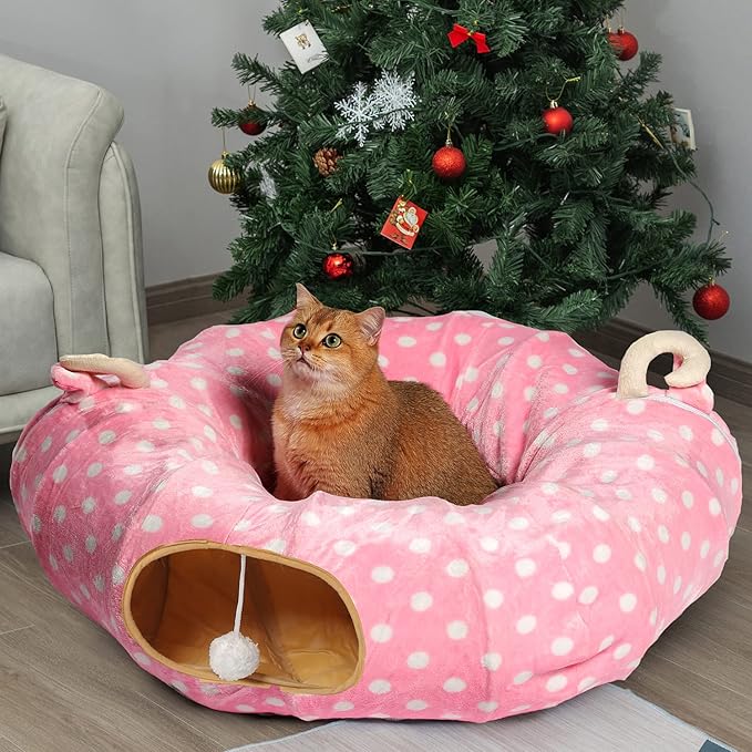 AUOON Cute Cat Donut Tunnel - Round Cat Tunnel Bed with Washable Cushion Interactive Cat Toy for Indoor Cats Kitten Kitty Puppy Rabbit Ferret (Pink)-Mewly Pet