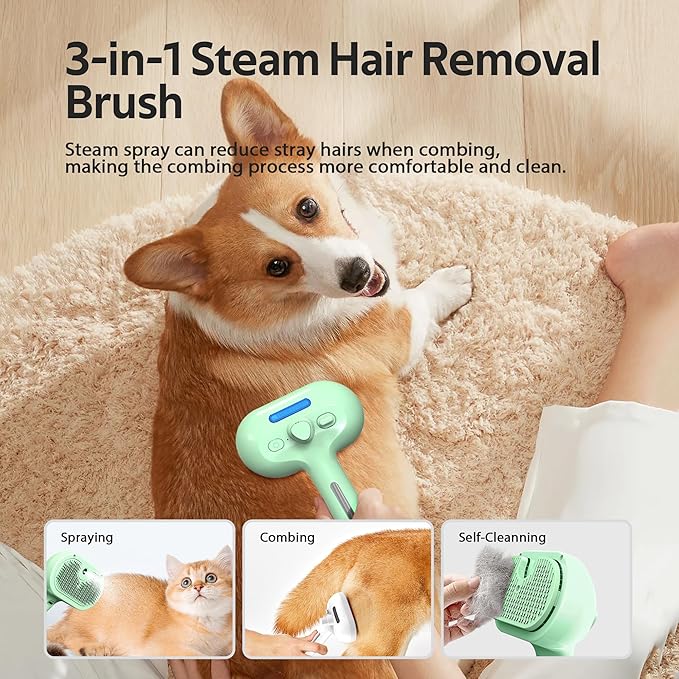 Pet Grooming Brush with Electronic Mist Spray - Gentle Deshedding Tool for Cats & Dogs, Pet Steam Brush，Reduces Shedding, Soft Bristles, Promotes Healthy Coat-Comes with a hair smoothing comb-Greener-Mewly Pet
