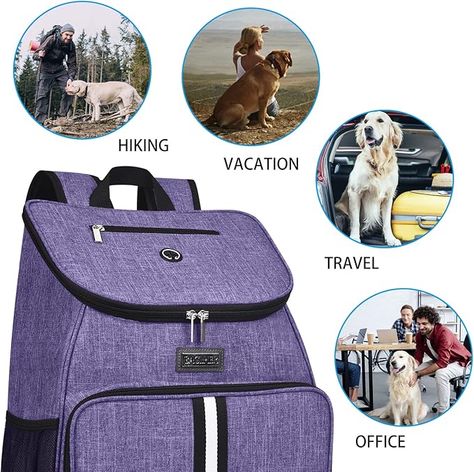 BAGLHER丨Dog Travel Bag, Airline Approved Pet Supplies Backpack, Dog Travel Backpack Accessories Set with 2 Silicone Collapsible Bowls and 2 Food Baskets. Purple-Mewly Pet