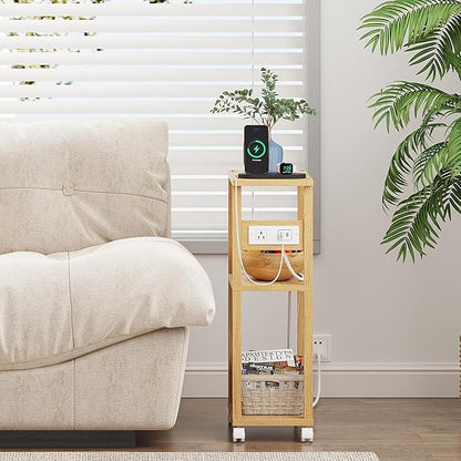 TUTOTAK Small Narrow Side Table with Charging Station, Skinny End Table for Small Spaces, Slim Nightstand with USB Ports and Outlet, Sofa Beside Table with Wheels, Natural TB01BN046