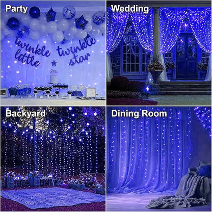 HXWEIYE 300LED Fairy Curtain Lights, 9.8x9.8Ft USB Plug-in 8 Modes Christmas String Hanging Lights with Remote for Bedroom Backdrop Wedding Party Indoor Wall Decor, Blue, Standard