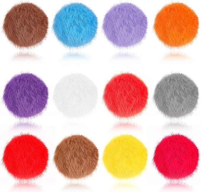 LEIFIDE 12 Pieces Real Rabbit Fur Pom Pom Kitty Cat Toy Fluffy Cat Balls Soft Fuzzy Balls for Kitty Pets Kitten Chase Quiet Play, 3 Inches in Diameter(Bright Color)-Mewly Pet