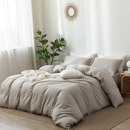 MooMee Bedding Duvet Cover Set 100% Washed Cotton Linen Like Textured Breathable Durable Soft Comfy (Heathered Cream Grey, Cal King 104"x98")