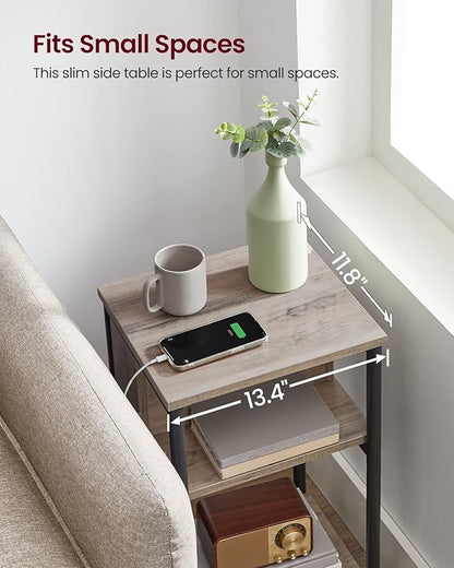 VASAGLE Side Table with Charging Station, 3-Tier End Table with USB Ports and Outlets, Nightstand for Living Room, Bedroom, 11.8 x 13.4 x 22.8 Inches, Plug-in Series, Greige and Black