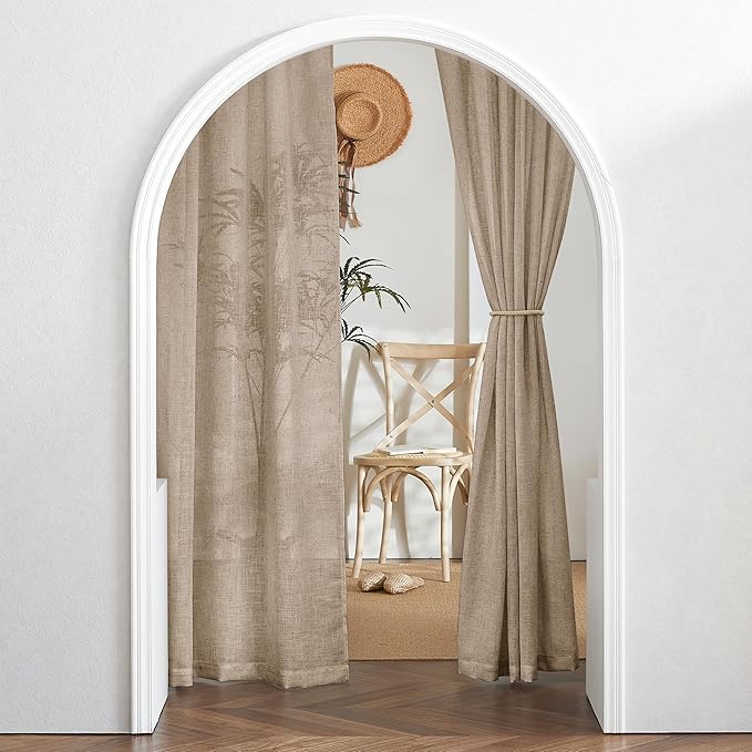 RYB HOME Natural Linen Blend Sheer Curtains for Kitchen, Semi Sheer Light Filtering Privacy Protected Rod Pocket Curtain Panels for Small Window, 52 x 45 inch, Khaki, 2 Panels Set