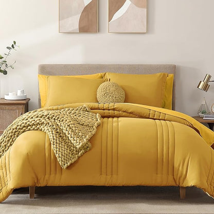 Monbix Full Comforter Set - 7 Pieces Bright Yellow Bed in a Bag Full Size Bedding Sets with Comforters, All Seasons Down Alternative Comforter with Sheets,Pillowcases & Shams