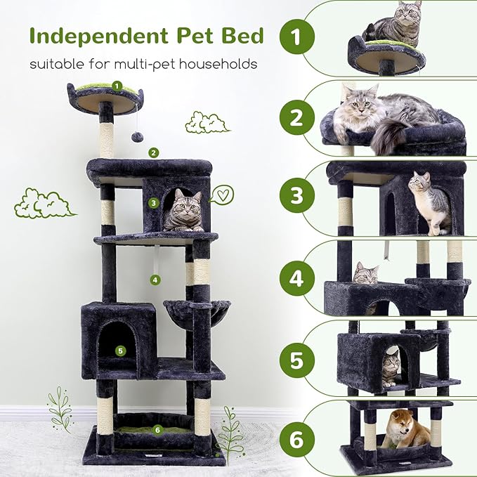 Globlazer Heavy Duty Cat Trees for Large Cats, Sturdy 72in Maine Coon Cat Tree for Large Cats 20 lbs+ Heavy Duty Cat Tower for Adult Biggest Cat with 6 Scratching Posts, Hammock, S72, Dark Gray-Mewly Pet