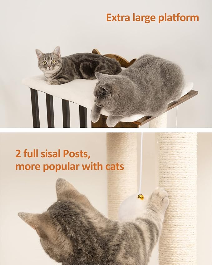 FourFurPets 43.8in 3-Tier Modern Cat Tree Tower Condo, Cat Scratch Posts for Indoor Cats, Big Plate, Two 19.7in Full Sisal Scratching Posts, Rustic Brown-Mewly Pet