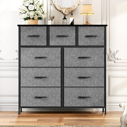 OLIXIS Dresser for Bedroom, 9 Storage Drawers, Tall Large Fabric Storage Tower Organizer, Chest of Drawers with Metal Frame Wooden Top for Nursery, Closet, Living Room, Entryway, Classic Grey