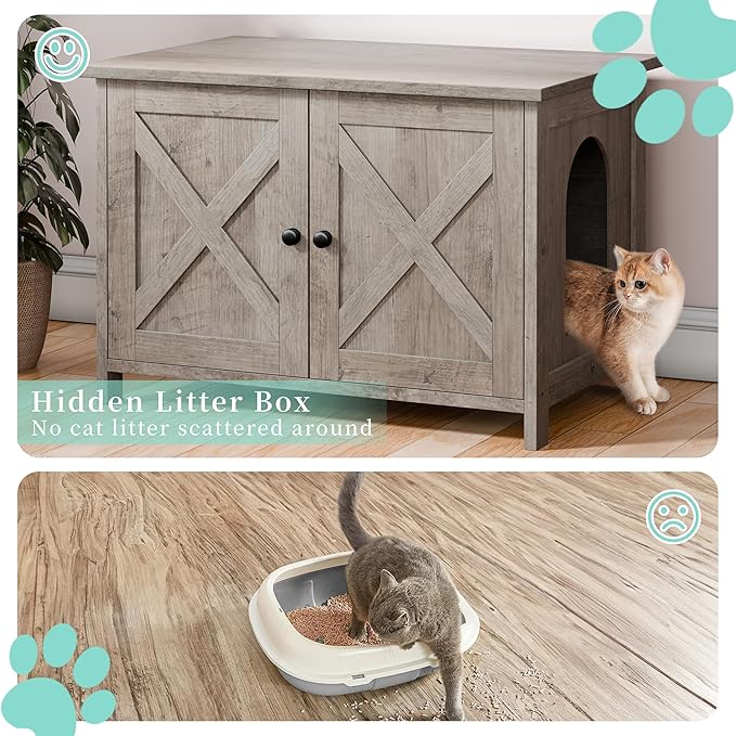 Vongrasig Cat Litter Box Enclosure,Litter Box Furniture Hidden with Barn Door,Wooden Cat Washroom Furniture,Cat House,End Table, Fit Most of Litter Box, Grey-Mewly Pet