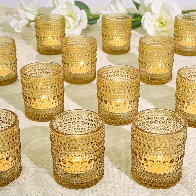 24 Pcs Votive Candle Holders, Golden Glass Candle Holder Bulk for Table Centerpiece, Tea Lights Candle Holders for Wedding Shower, Party and Home Decor